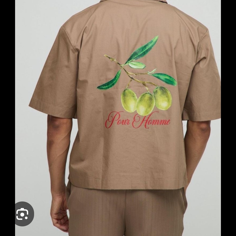 Boohoo Man Oversize Olive Revere Tan Short Sleeve Shirt Size XL